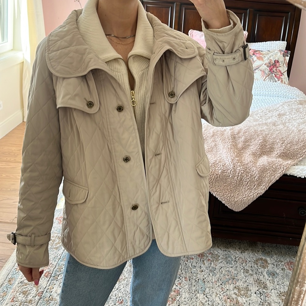 Talbots Quilted Equestrian Jacket Button Front Cowl Neck 1x Lightweight Khaki